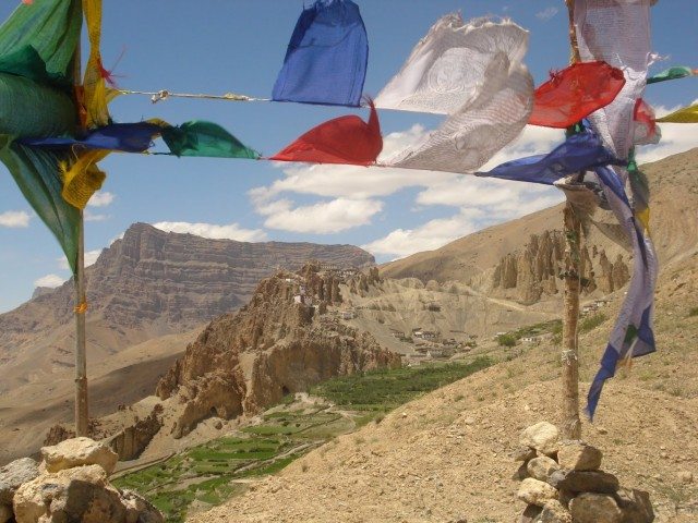 Dhankar Monastery seen through fluttering prayer flags