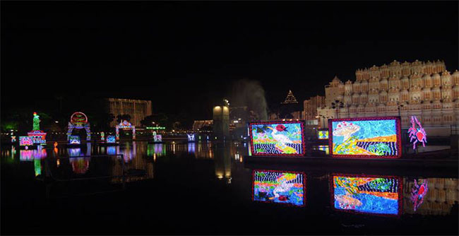 Durga Puja: sparkling lights and reflection on the water