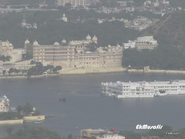 City Palace and Lake Palace as seen from Sajjan Garh.