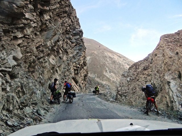 A group of German cyclists giving way to the vehicular traffic