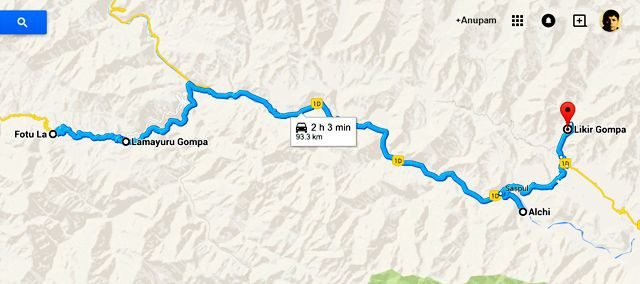 The Route Map from Fotu La to Likir Gompa