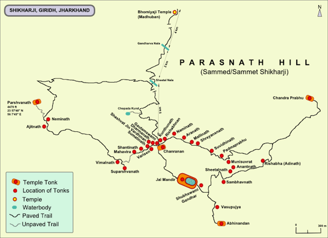 A locational map of tonks and temples in the Parasnath hill