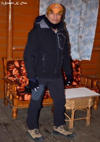 At midnight in the guest house when I was getting ready for the trail with layers of cloth