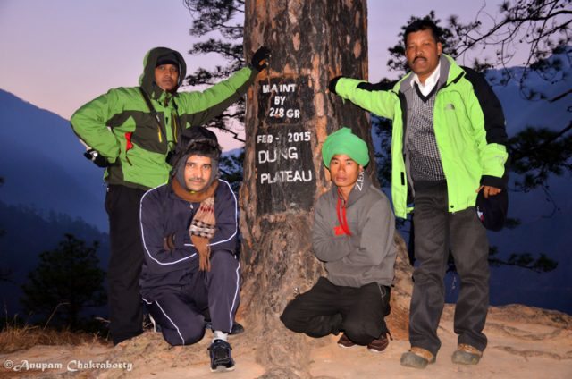 My friends on the Dong Plateau at sunrise. From Left Kamal, Chandra, guide Amit and Prakash