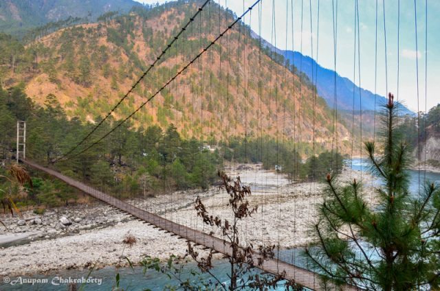 The suspension bridge we crossed in the dark night