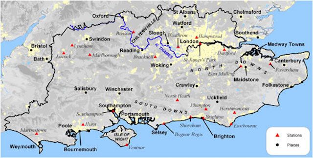 South East England on the map